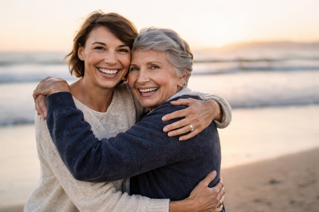 Mom and daughter hugging on beach